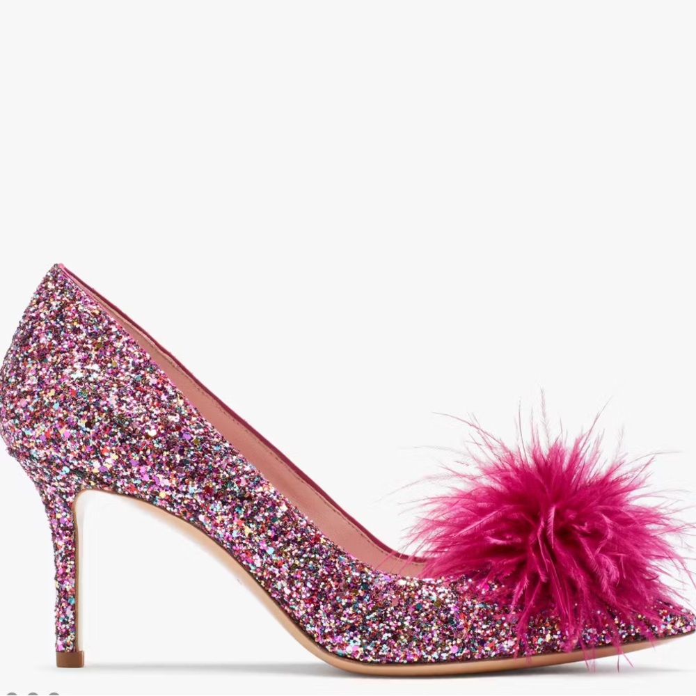 Kate Spade Marabou Pumps Pink Glitter Heels with Feather Pom-Pom